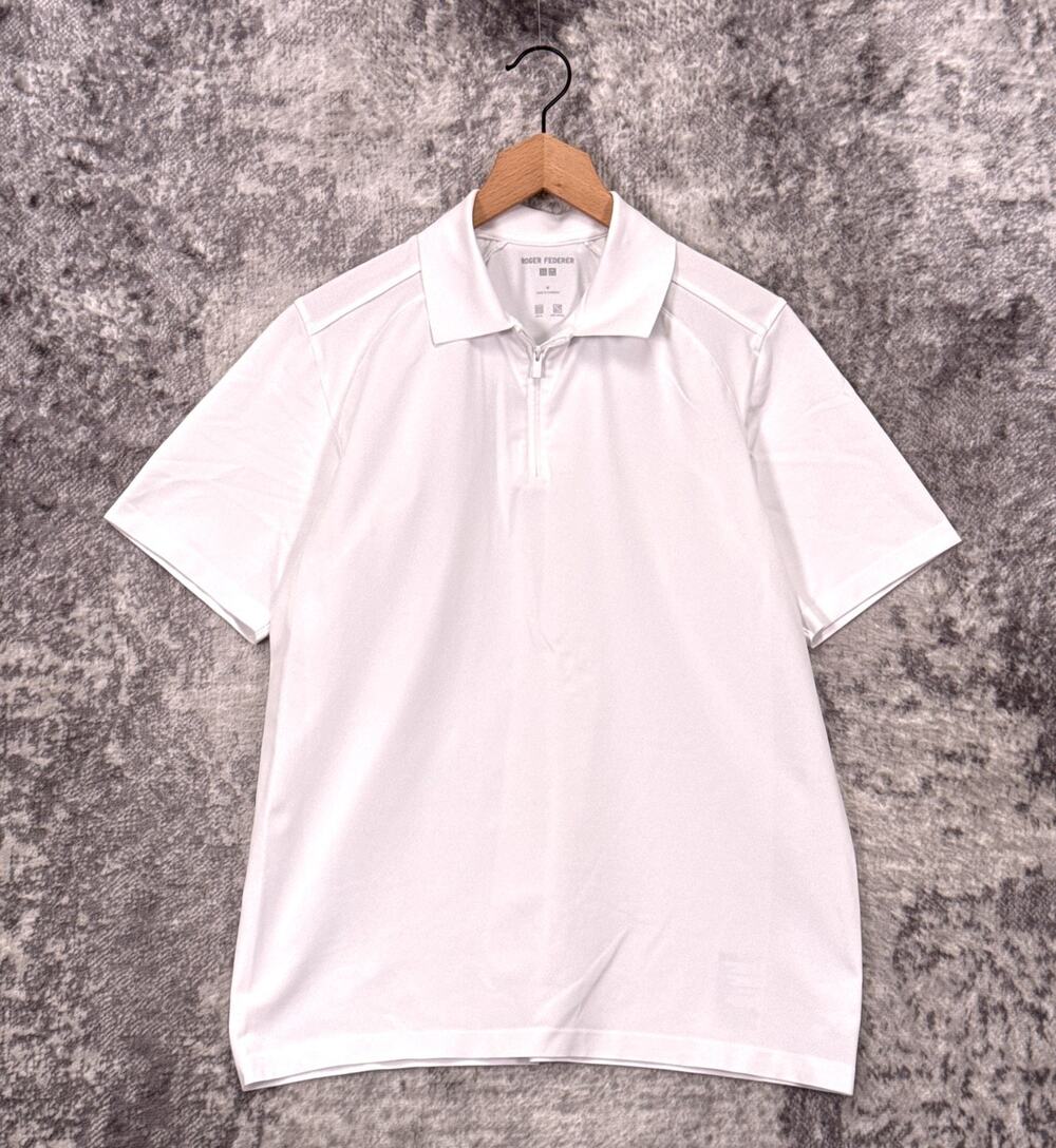 Uniqlo x Roger Federer Zip Collar Polo Shirt Medium Mens Solid White Performance